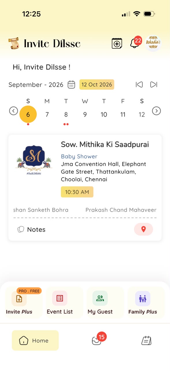 Invite Dilsse app home screen with a calendar and an upcoming event