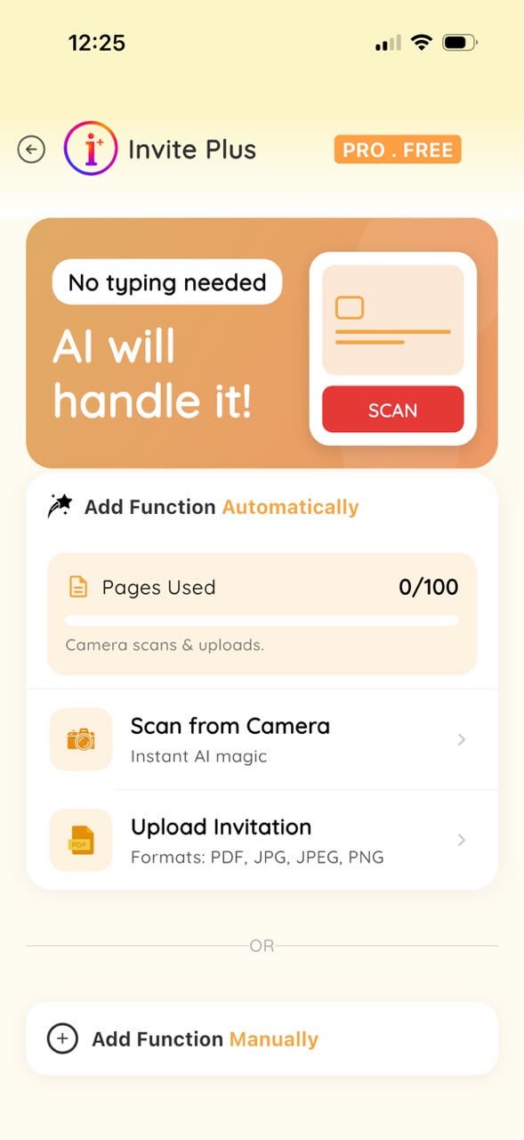 Invite Plus screen for adding a function by scanning or uploading an invitation